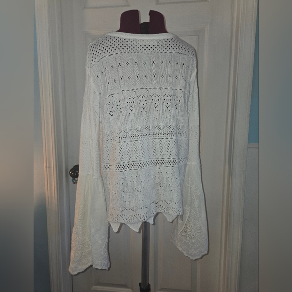 Altar'd State Bell Sleeve White Cotton Eyelet Crew Neck Scalloped Hem Sweater - Picture 3 of 8